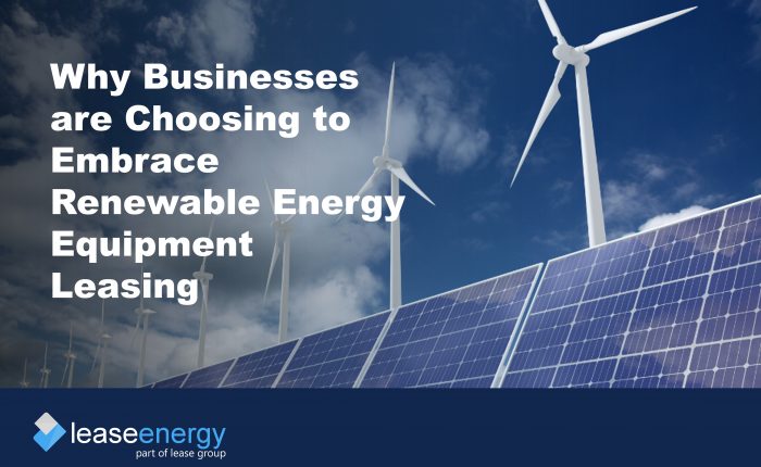 Image of solar panels and wind turbines with a cloudy sky background to illustrate the benefits of renewable energy equipment leasing or finance