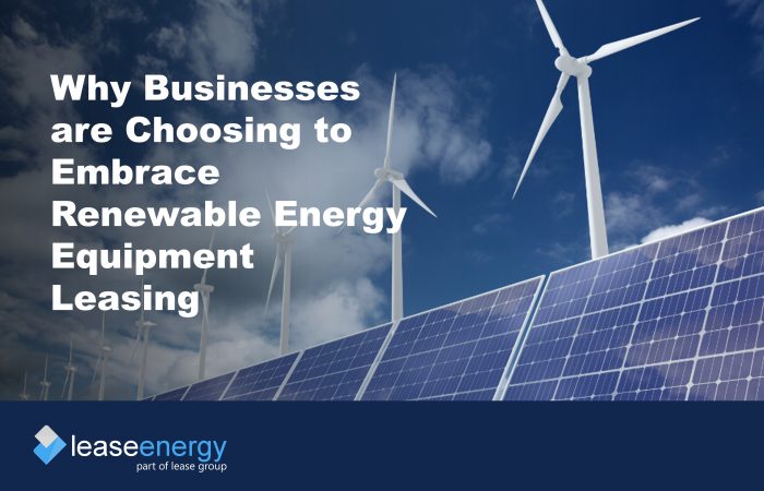 Image of solar panels and wind turbines with a cloudy sky background to illustrate the benefits of renewable energy equipment leasing or finance