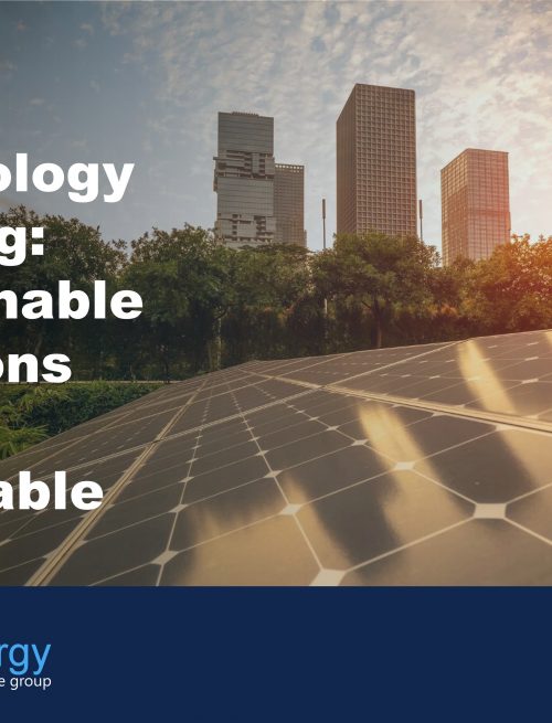 Image of solar panels with city scape in the background to illustrate the benefits of green technology leasing to businesses wishing to invest in sustainability