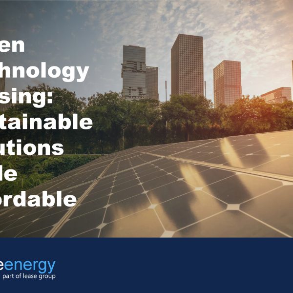 Image of solar panels with city scape in the background to illustrate the benefits of green technology leasing to businesses wishing to invest in sustainability