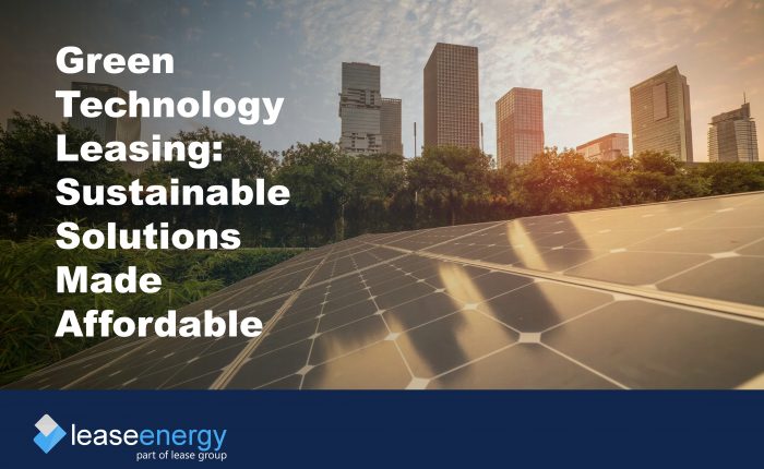 Image of solar panels with city scape in the background to illustrate the benefits of green technology leasing to businesses wishing to invest in sustainability