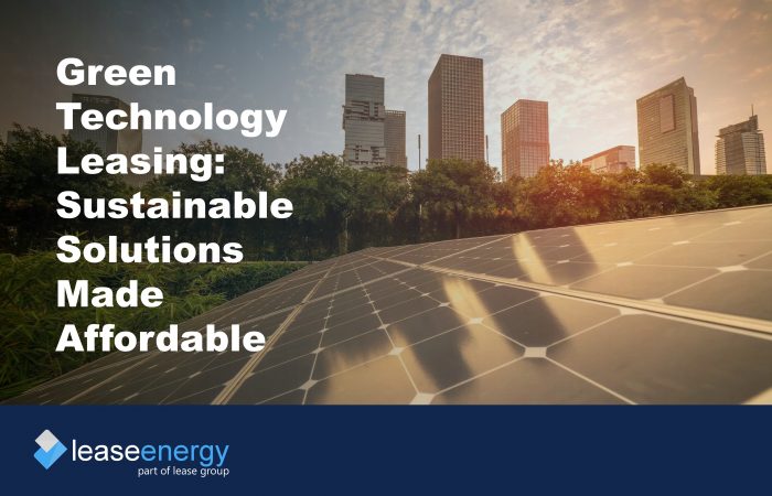 Image of solar panels with city scape in the background to illustrate the benefits of green technology leasing to businesses wishing to invest in sustainability