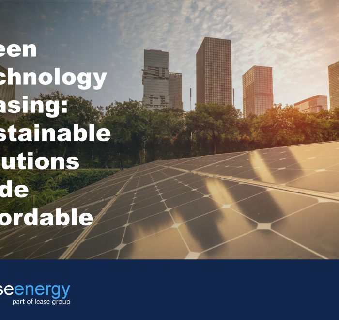 Image of solar panels with city scape in the background to illustrate the benefits of green technology leasing to businesses wishing to invest in sustainability